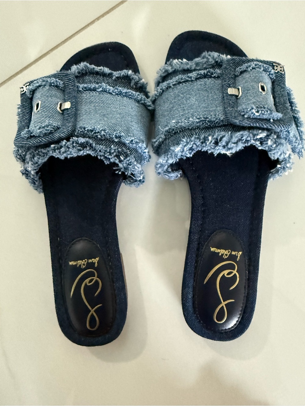Sam Edelman Frayed Denim Slide Sandals - Blue